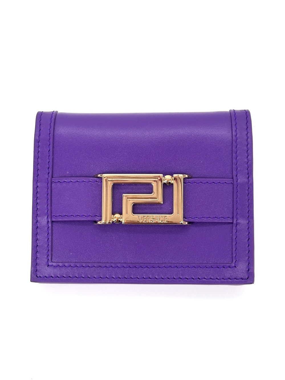 NIB Versace Goddess Greca Logo Purple Leather Bi Fold Wallet $625